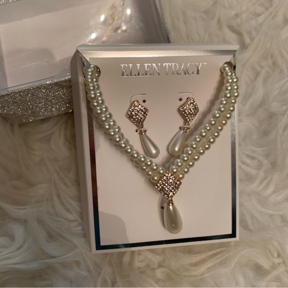 pearl & pavé rhinestone necklace & earring set by Ellen Tracy NEW!! rose gold - Picture 3 of 9